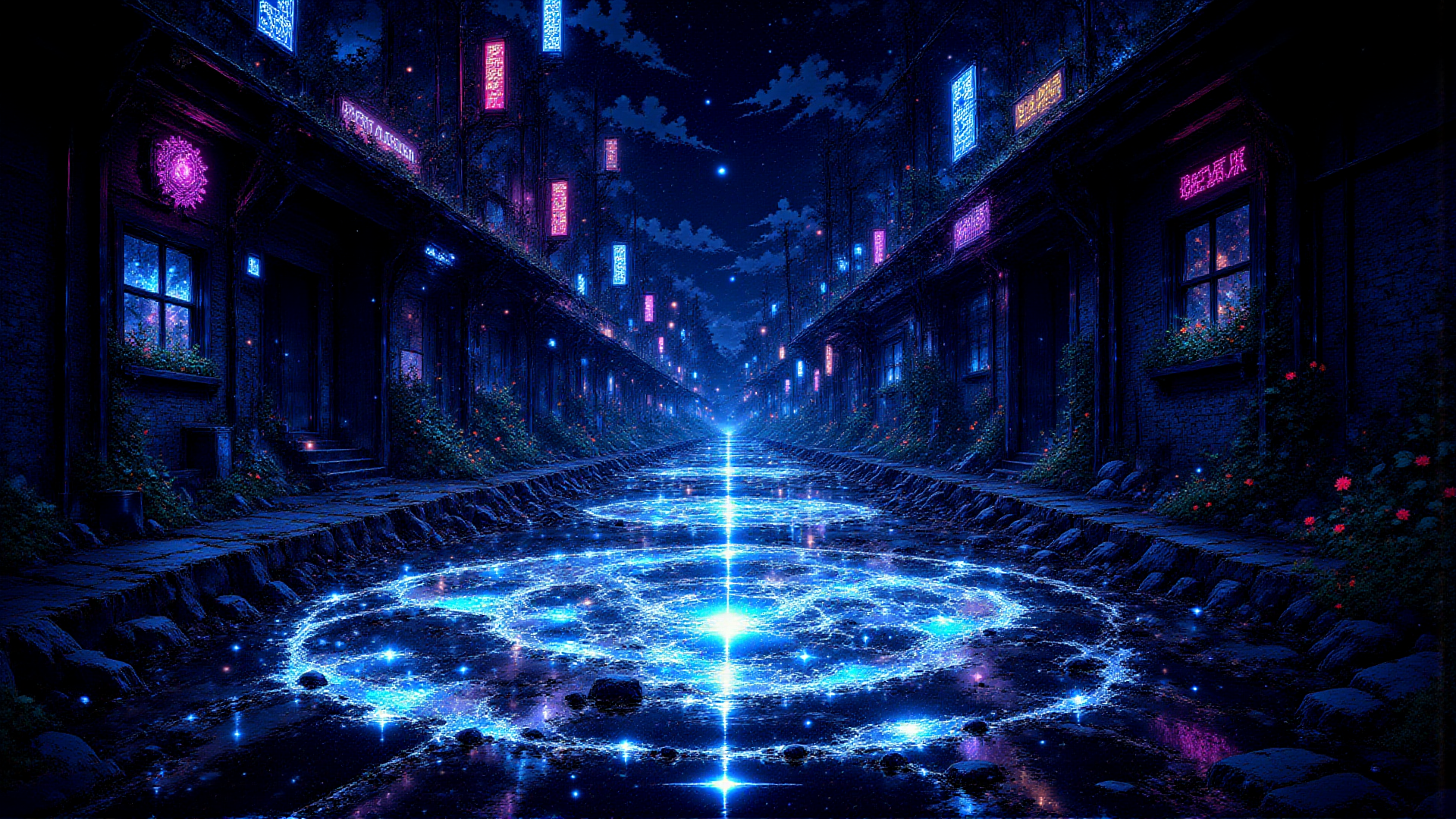 AI generated wallpaper featuring street, neon, water, buildings, trees, signs, stars, path, vines, flowers