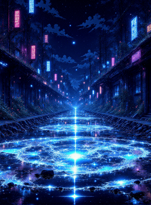 street, neon, water, buildings, trees, signs, stars, path, vines, flowers