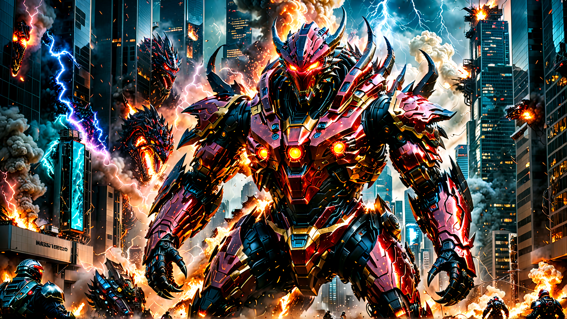AI generated wallpaper featuring robot, dragon, city, soldier, armor, fire, electricity, building, explosion, smoke