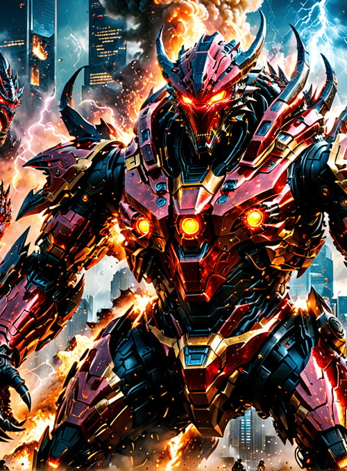 robot, dragon, city, soldier, armor, fire, electricity, building, explosion, smoke