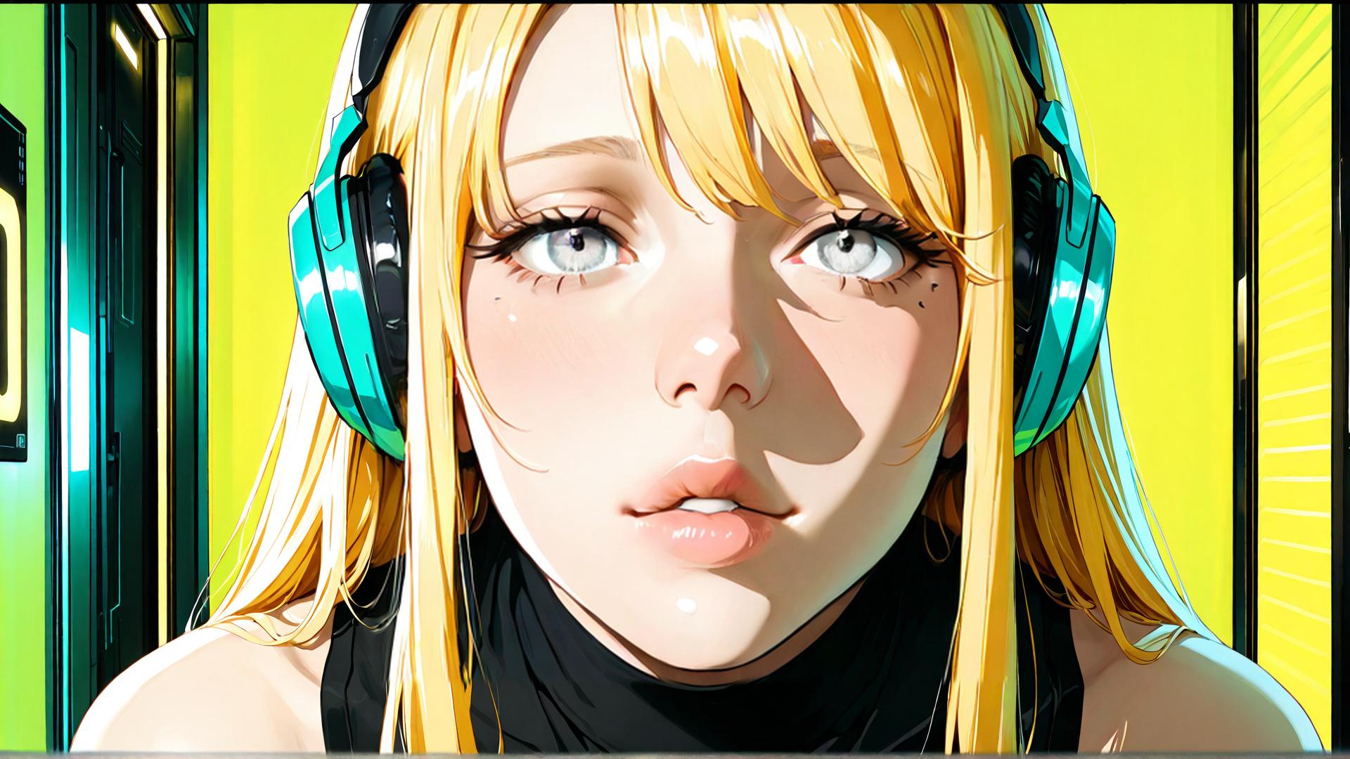 AI generated wallpaper featuring blonde, headphones, woman, hair, face