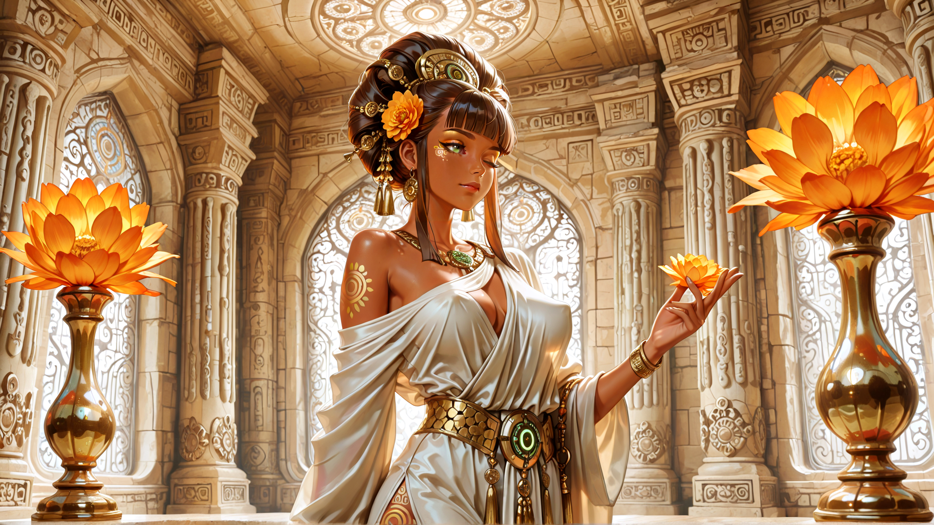 AI generated wallpaper featuring woman, lotus, vase, columns, headdress, jewelry, dress, sun, gloves, ornament