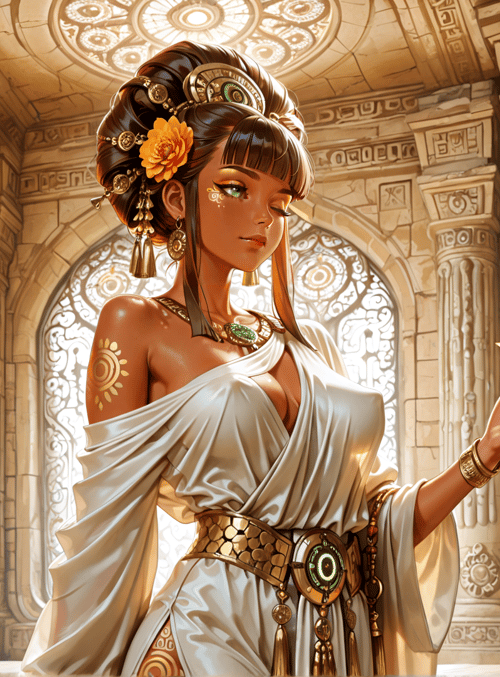 woman, lotus, vase, columns, headdress, jewelry, dress, sun, gloves, ornament
