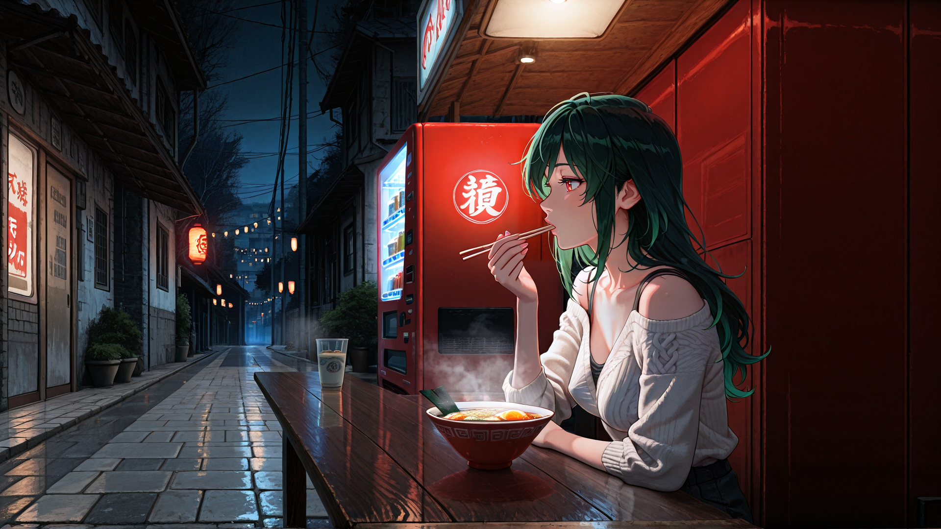 AI generated wallpaper featuring girl, ramen, street, vending machine, chopsticks, lantern, building, table, glass, bowl