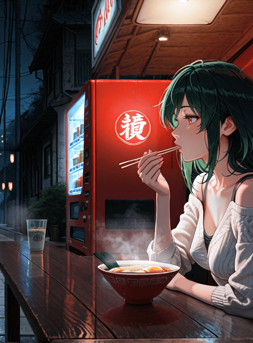 girl, ramen, street, vending machine, chopsticks, lantern, building, table, glass, bowl