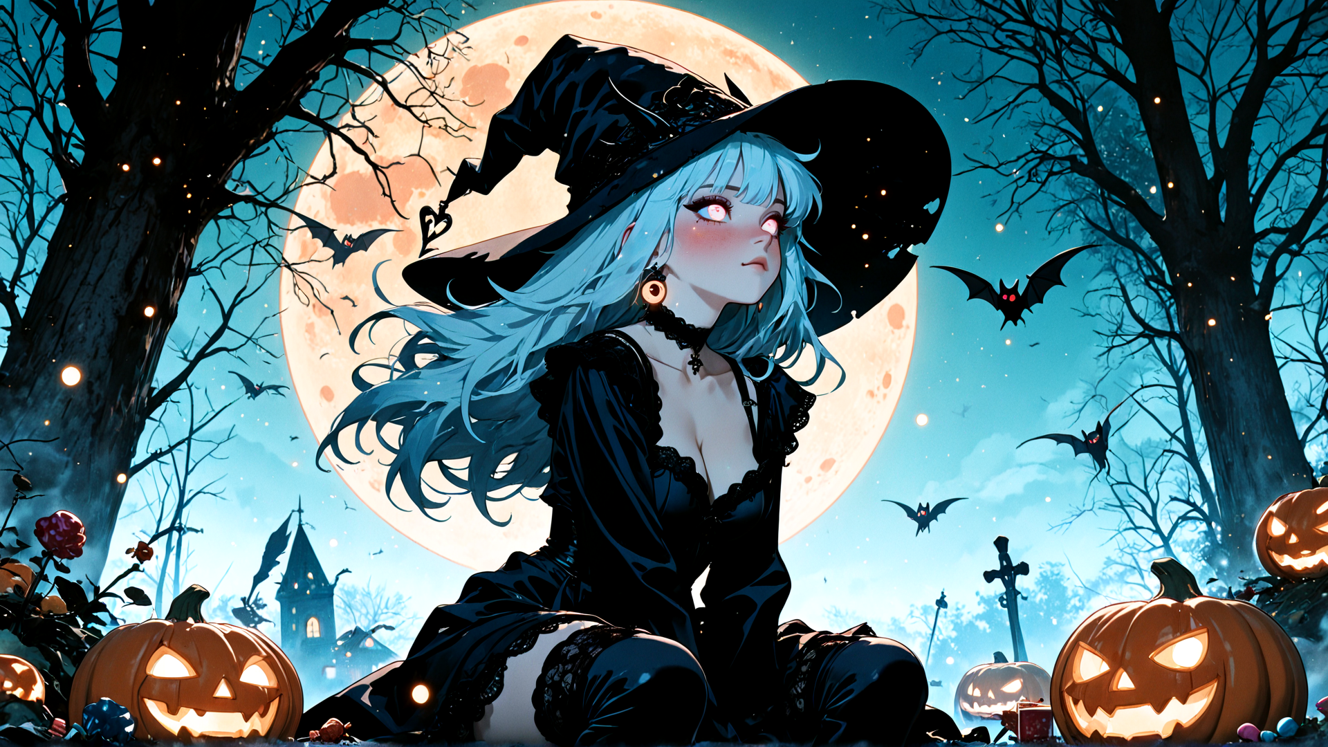 AI generated wallpaper featuring witch, pumpkin, bat, moon, tree, candle, garden, castle, earring, roses