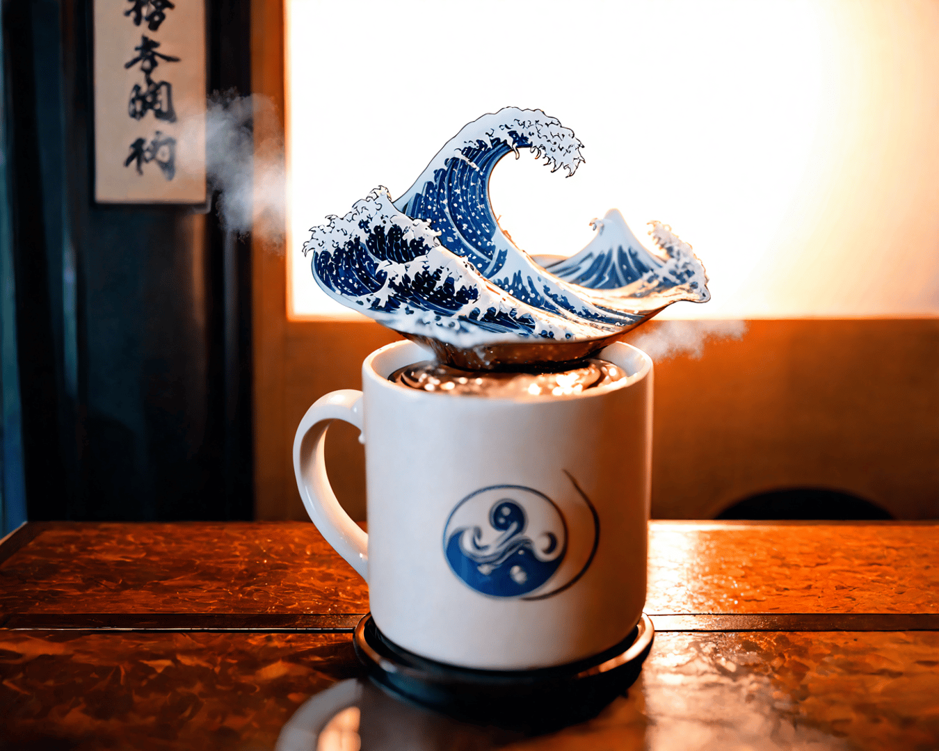 AI generated wallpaper featuring cup, wave, steaming
