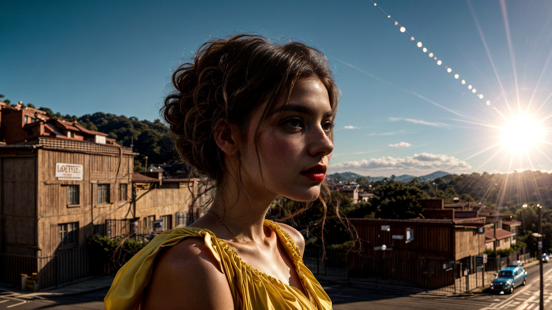 AI generated wallpaper featuring woman, sun, street