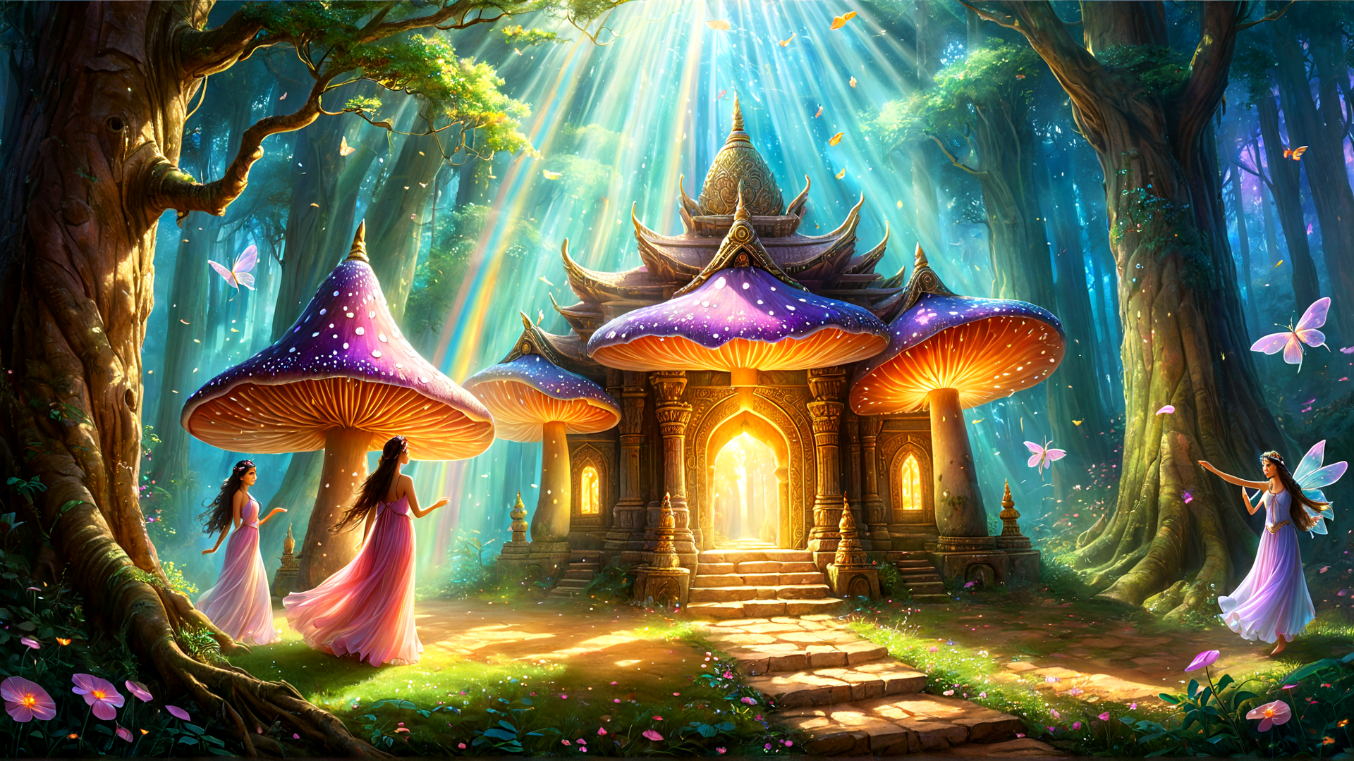 AI generated wallpaper featuring fairies, mushrooms, temple, trees, butterflies, women, sunlight, flowers, forest, path