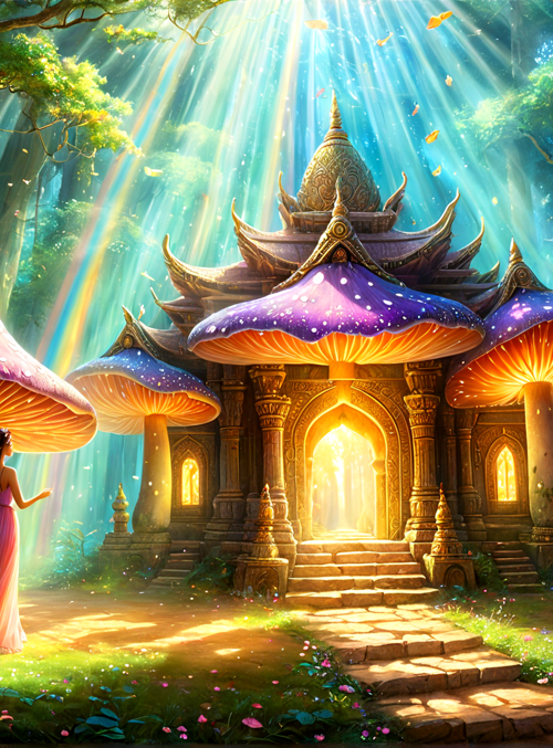 fairies, mushrooms, temple, trees, butterflies, women, sunlight, flowers, forest, path