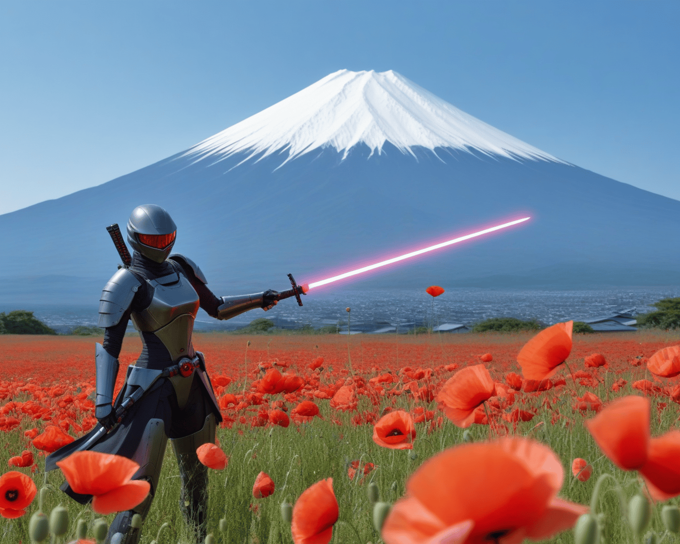 AI generated wallpaper featuring cyborg, swordsman, mountain
