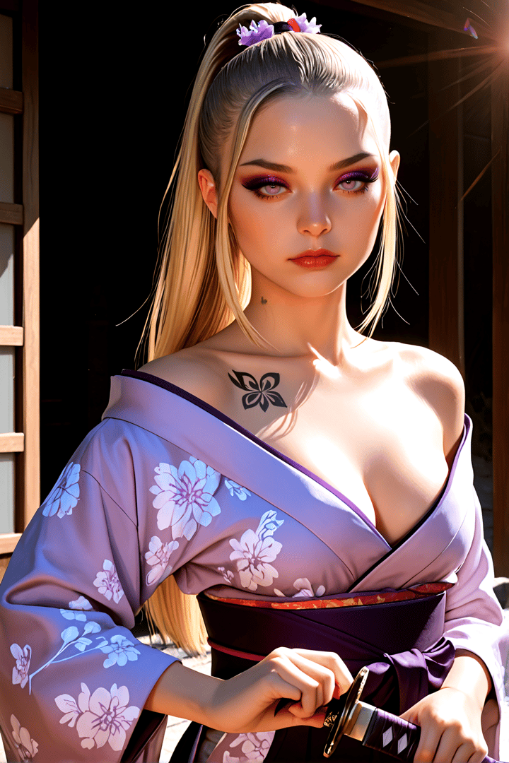 AI generated wallpaper featuring woman, kimono, sword, flower, tattoo, hair