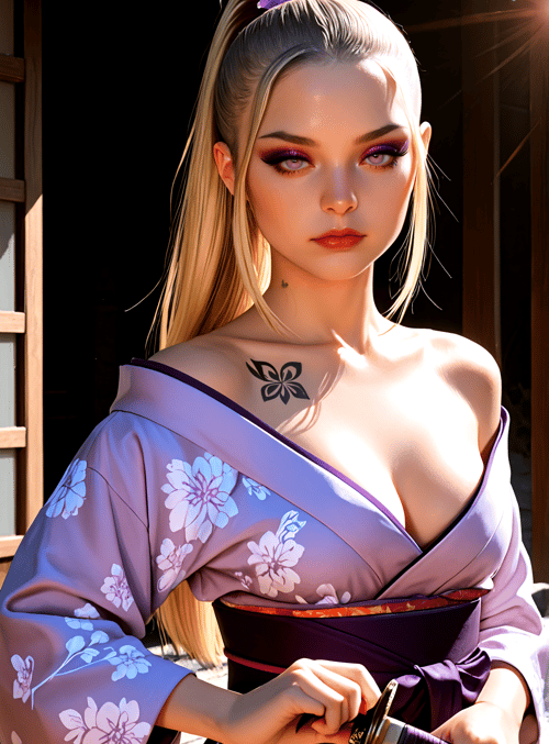 woman, kimono, sword, flower, tattoo, hair