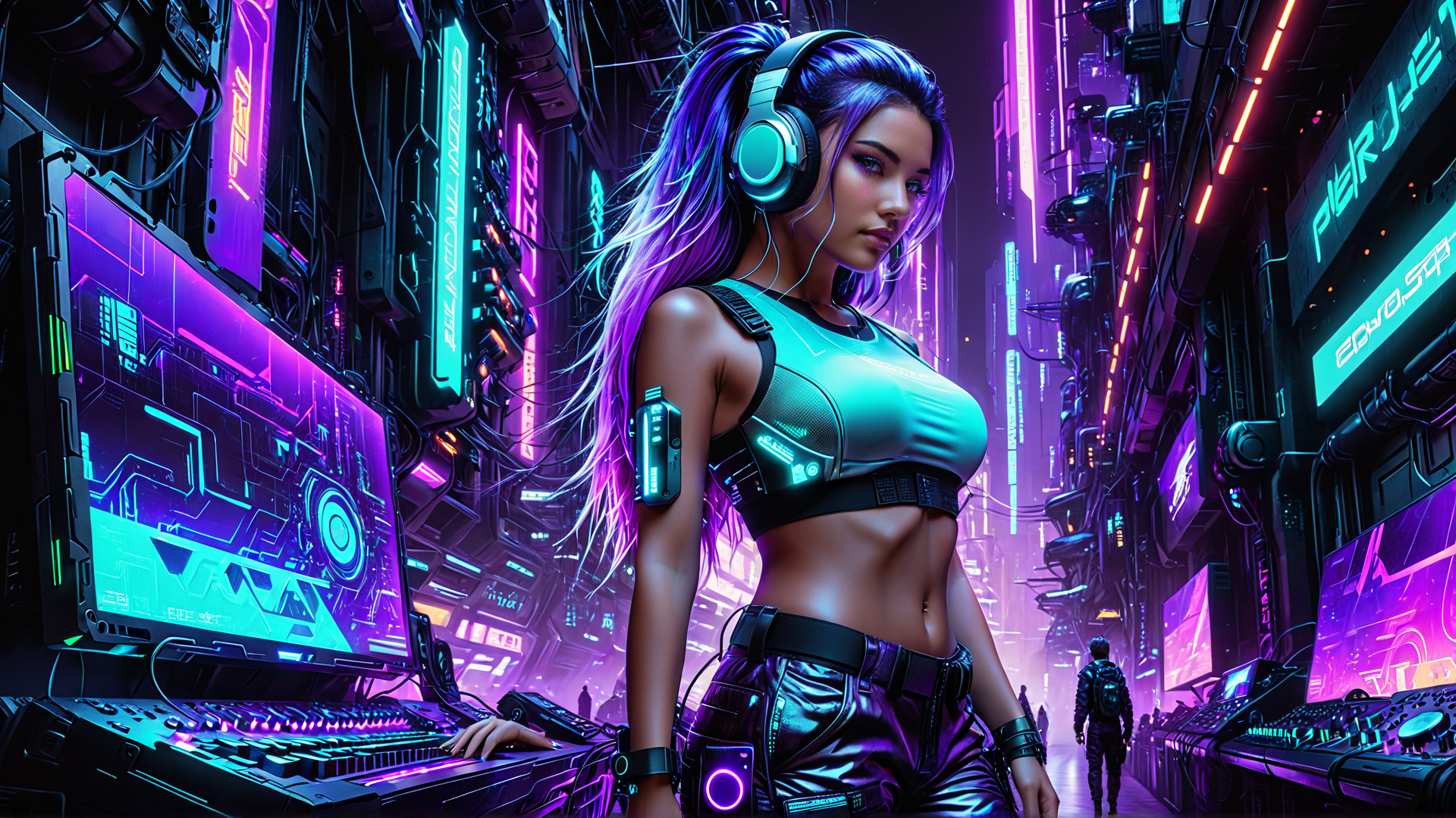 AI generated wallpaper featuring woman, cyberpunk, music
