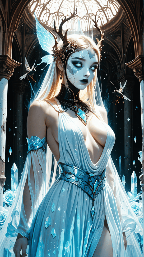 AI generated wallpaper featuring fairy, queen, deer antlers, crystal, dress, robes, wings, insect, goddess, architecture