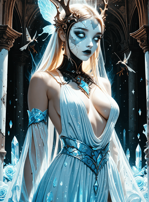 fairy, queen, deer antlers, crystal, dress, robes, wings, insect, goddess, architecture