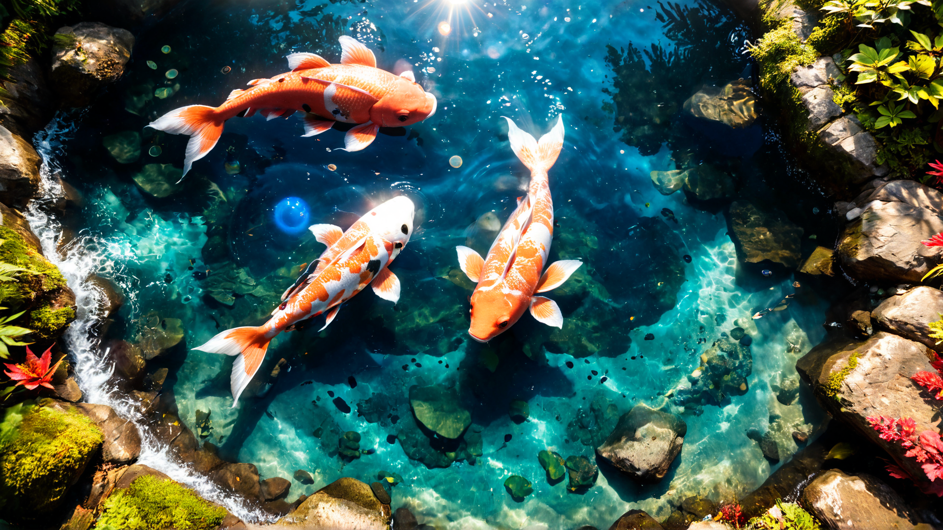 AI generated wallpaper featuring koi fish, water, rocks