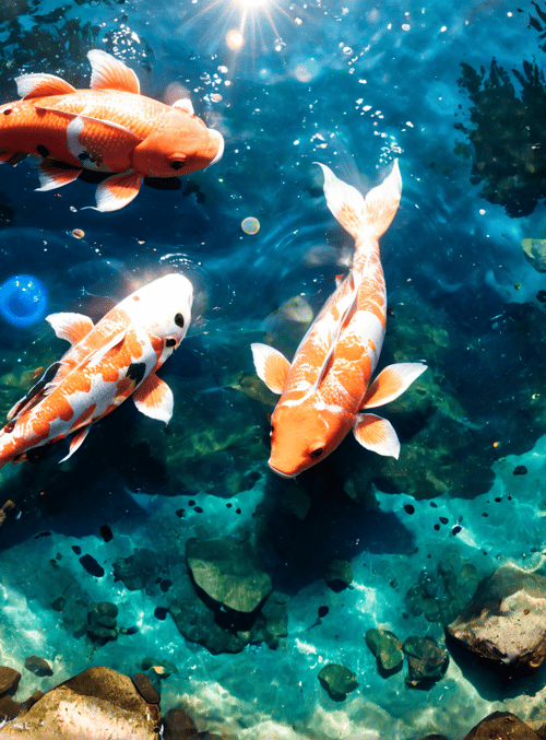 koi fish, water, rocks