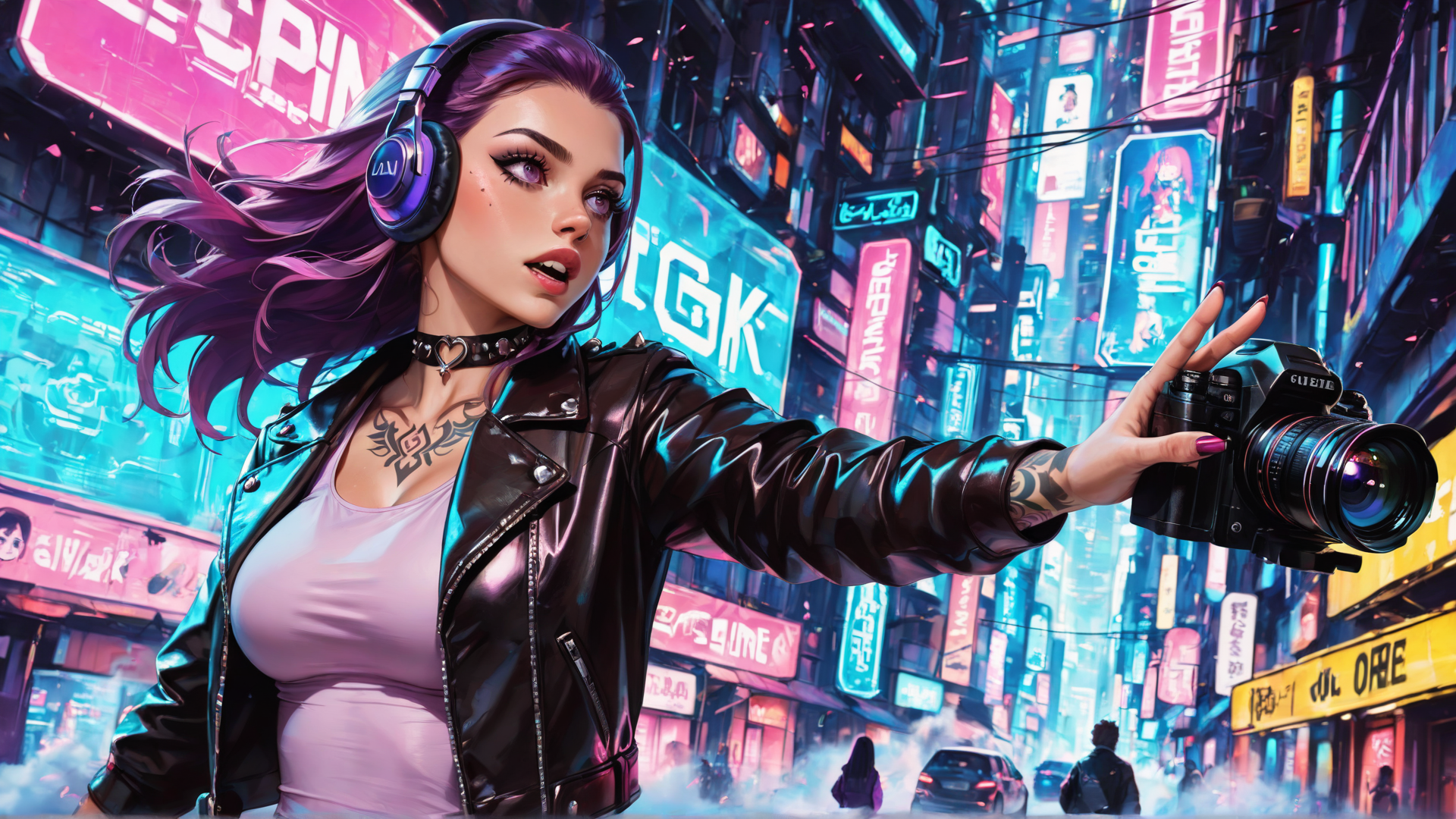 AI generated wallpaper featuring woman, camera, headphones, tattoo, leather jacket, cityscape, neon lights, signs, choker, vehicles
