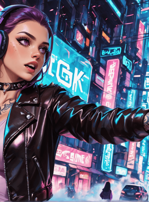 woman, camera, headphones, tattoo, leather jacket, cityscape, neon lights, signs, choker, vehicles
