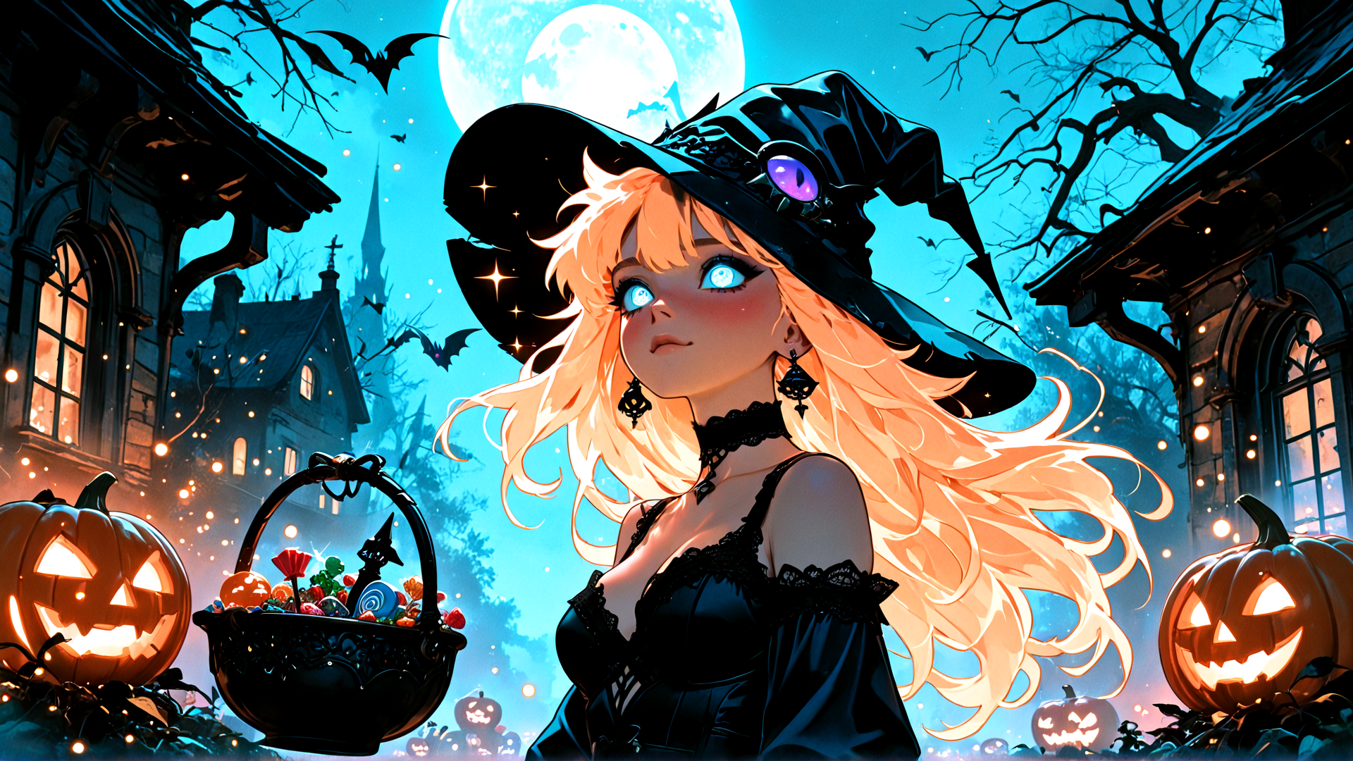 AI generated wallpaper featuring witch, pumpkin, moon, bats, candy, building, trees, lantern, girl, halloween