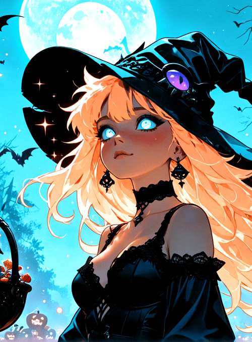 witch, pumpkin, moon, bats, candy, building, trees, lantern, girl, halloween