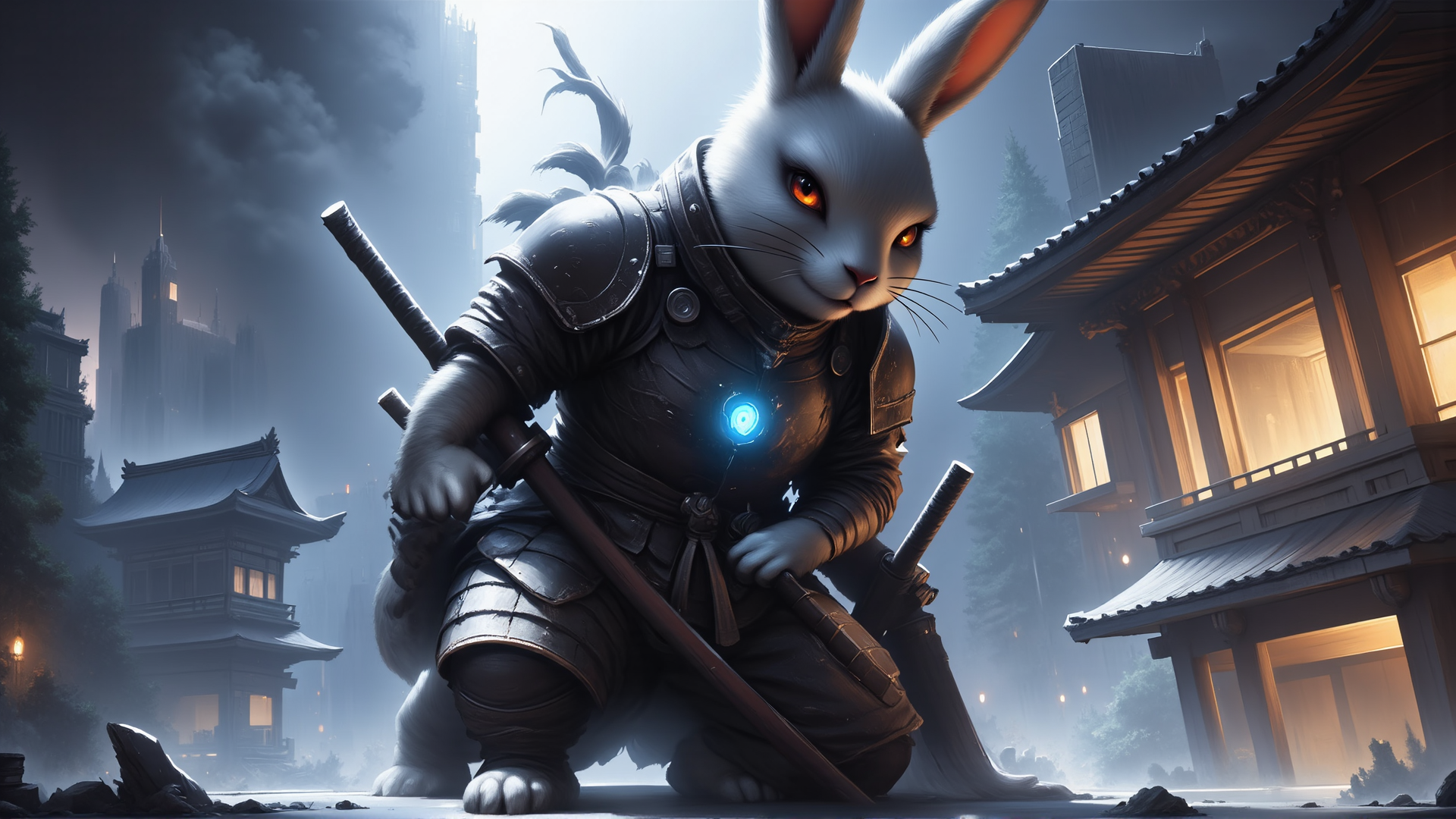 AI generated wallpaper featuring rabbit, samurai, swords, armor, building, cityscape