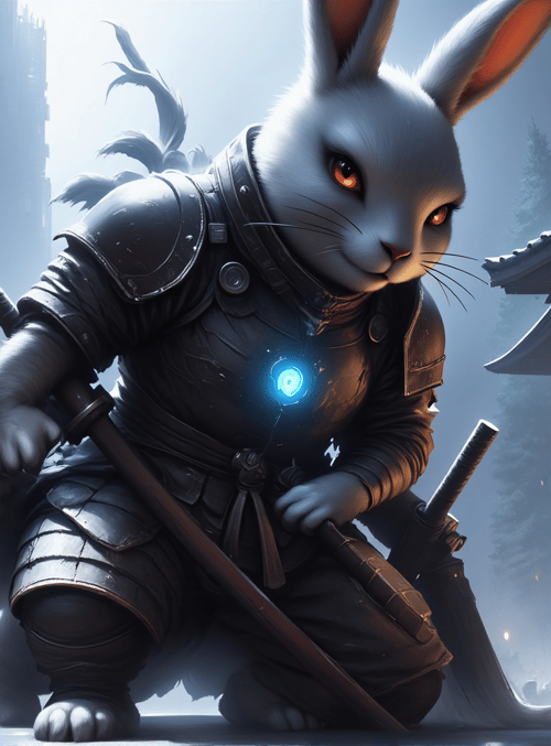 rabbit, samurai, swords, armor, building, cityscape