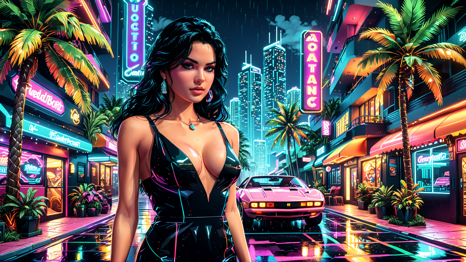 AI generated wallpaper featuring woman, city, car