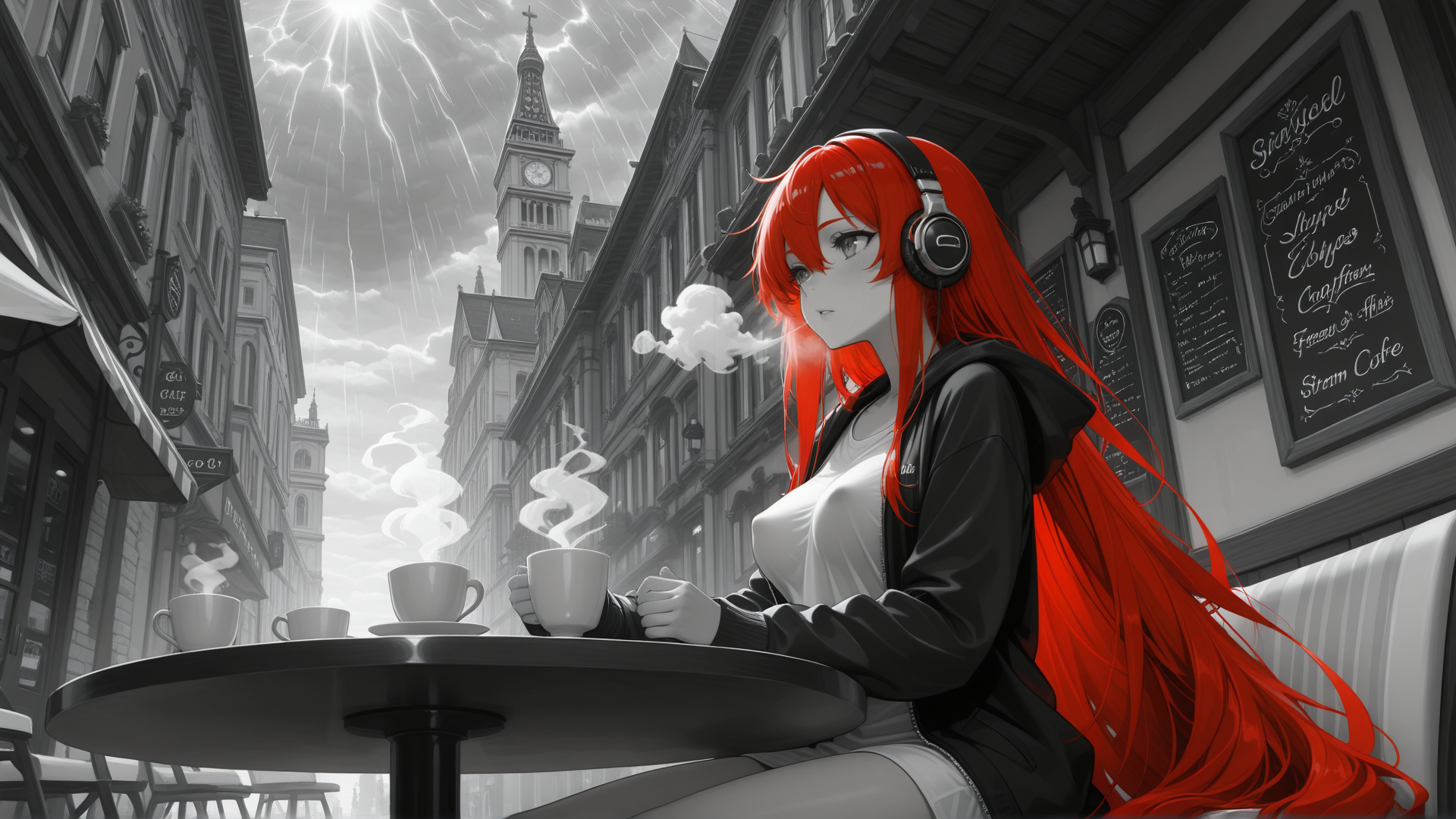 AI generated wallpaper featuring anime girl, coffee, headphones, street, cafe, clock tower, rain, steam, building, chairs