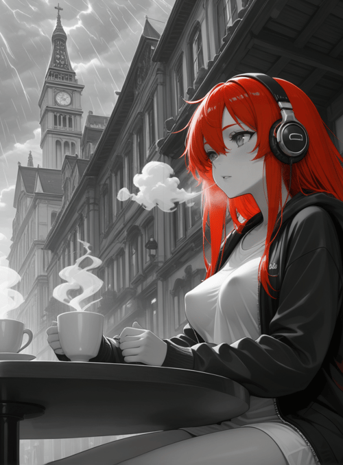 anime girl, coffee, headphones, street, cafe, clock tower, rain, steam, building, chairs