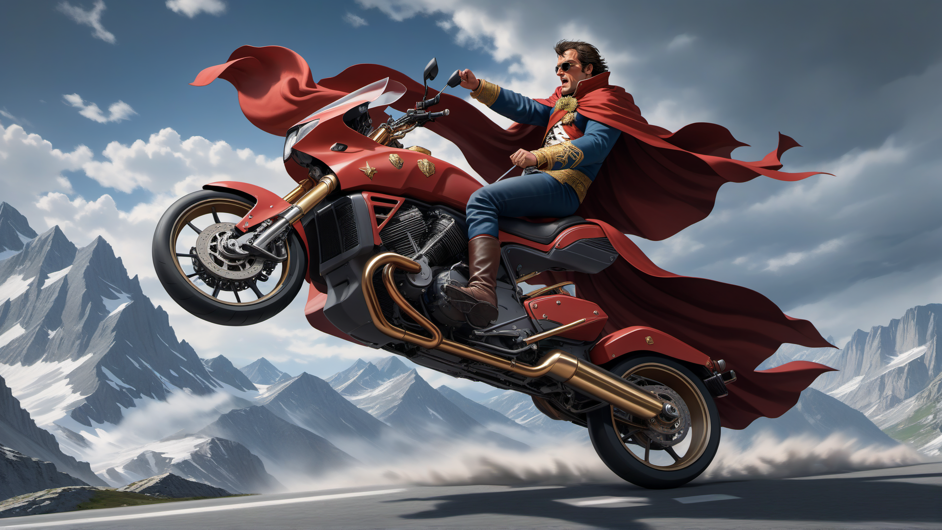 AI generated wallpaper featuring motorcycle, superhero, mountain
