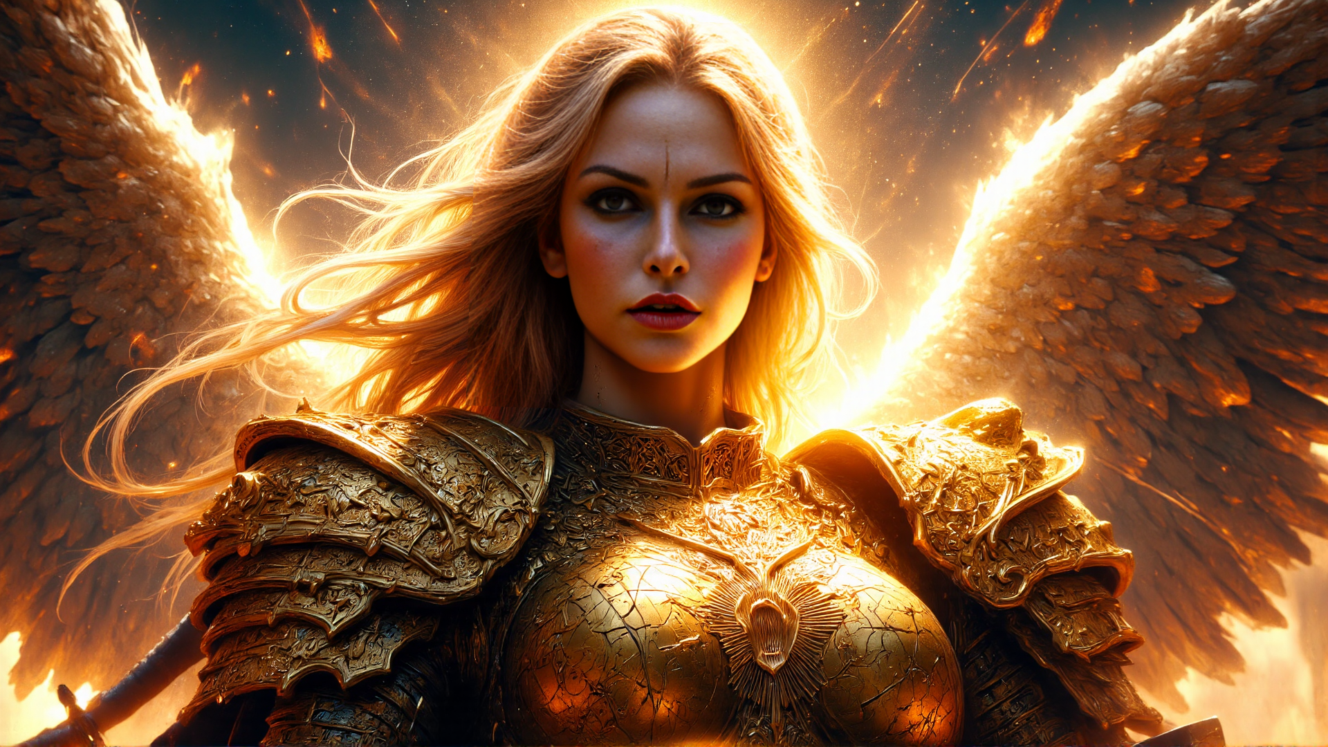 AI generated wallpaper featuring angel, warrior, woman