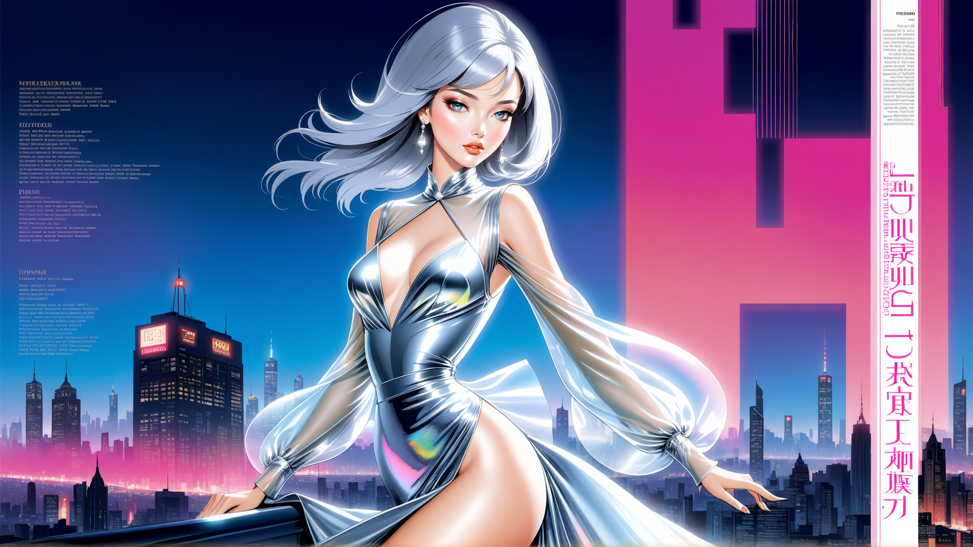 AI generated wallpaper featuring woman, cityscape, futuristic