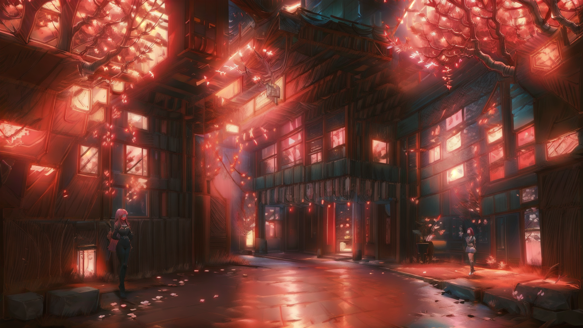 AI generated wallpaper featuring trees, buildings, figure