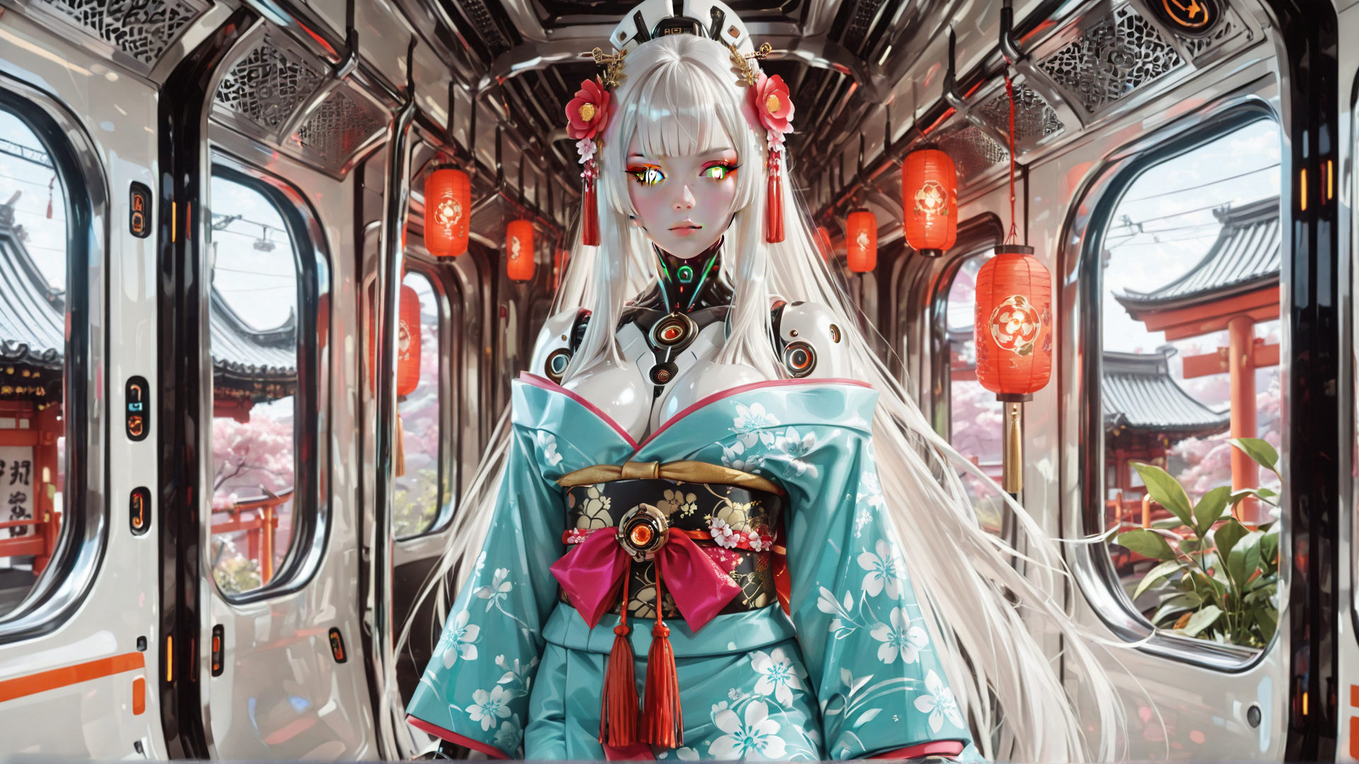 AI generated wallpaper featuring robot, woman, sakura, train, lantern, kimono, sash, hairpin, tassel, cherry blossom