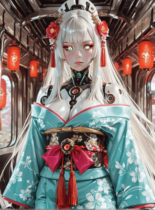 robot, woman, sakura, train, lantern, kimono, sash, hairpin, tassel, cherry blossom