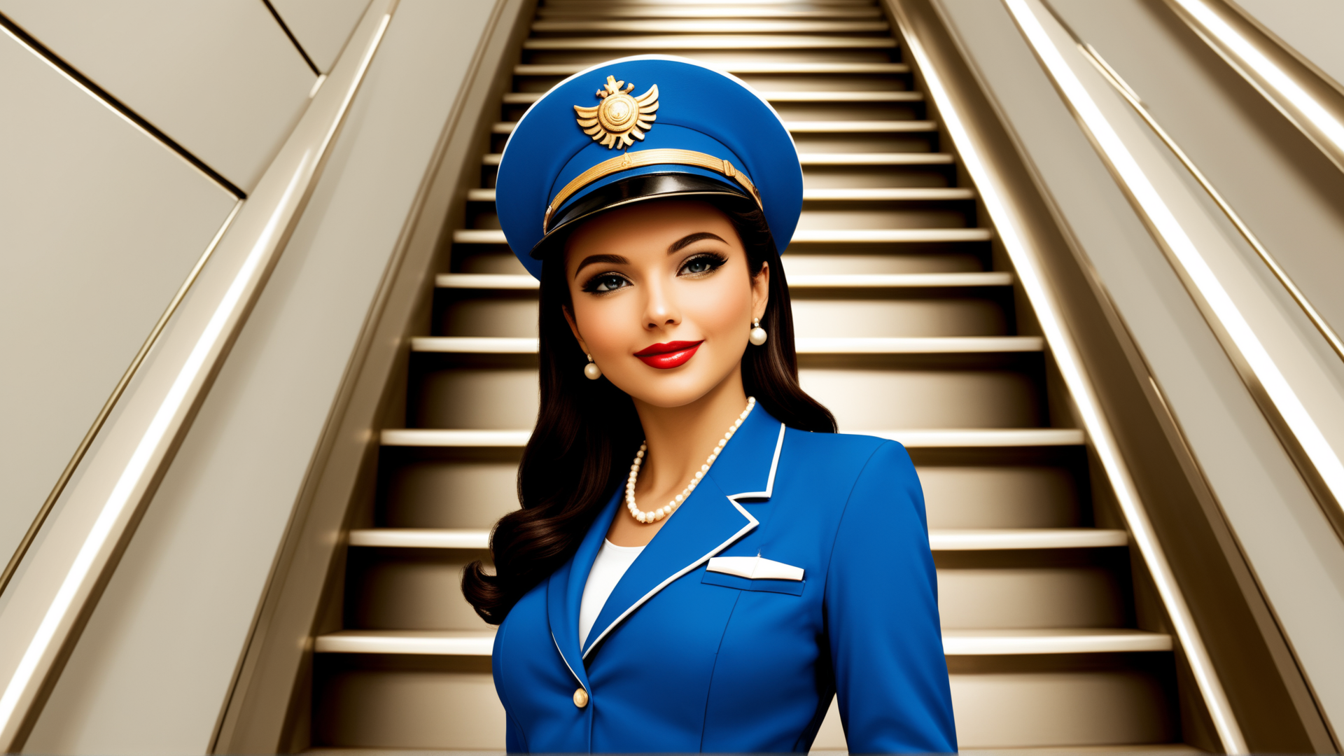 AI generated wallpaper featuring flight attendant, uniform, cap, stairs, pearls, earrings, necklace, suit, hair, hat