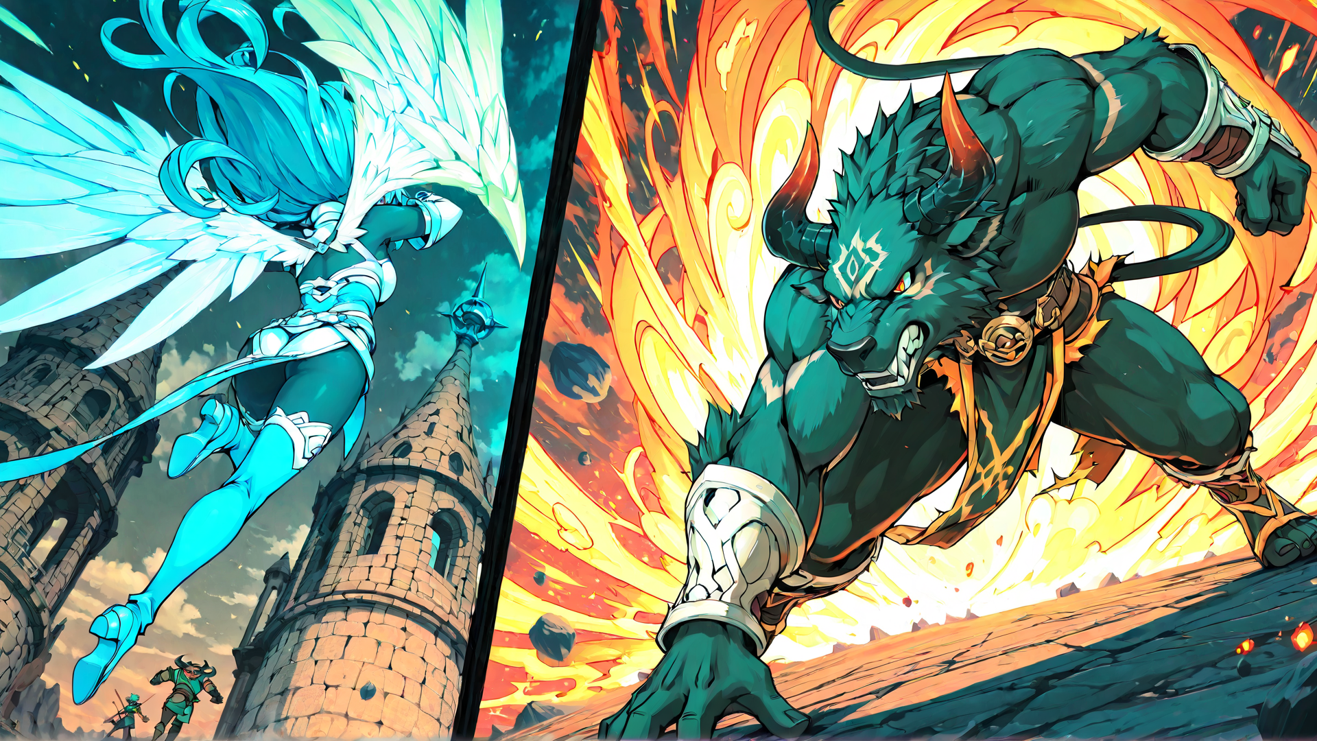 AI generated wallpaper featuring angel, minotaur, castle, fire, wing