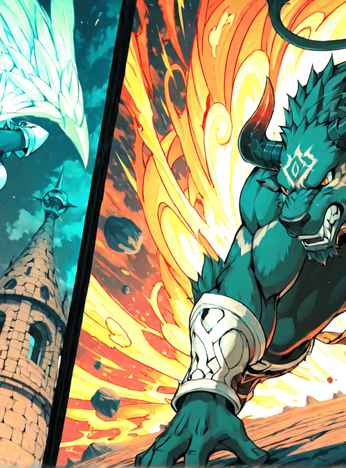 angel, minotaur, castle, fire, wing