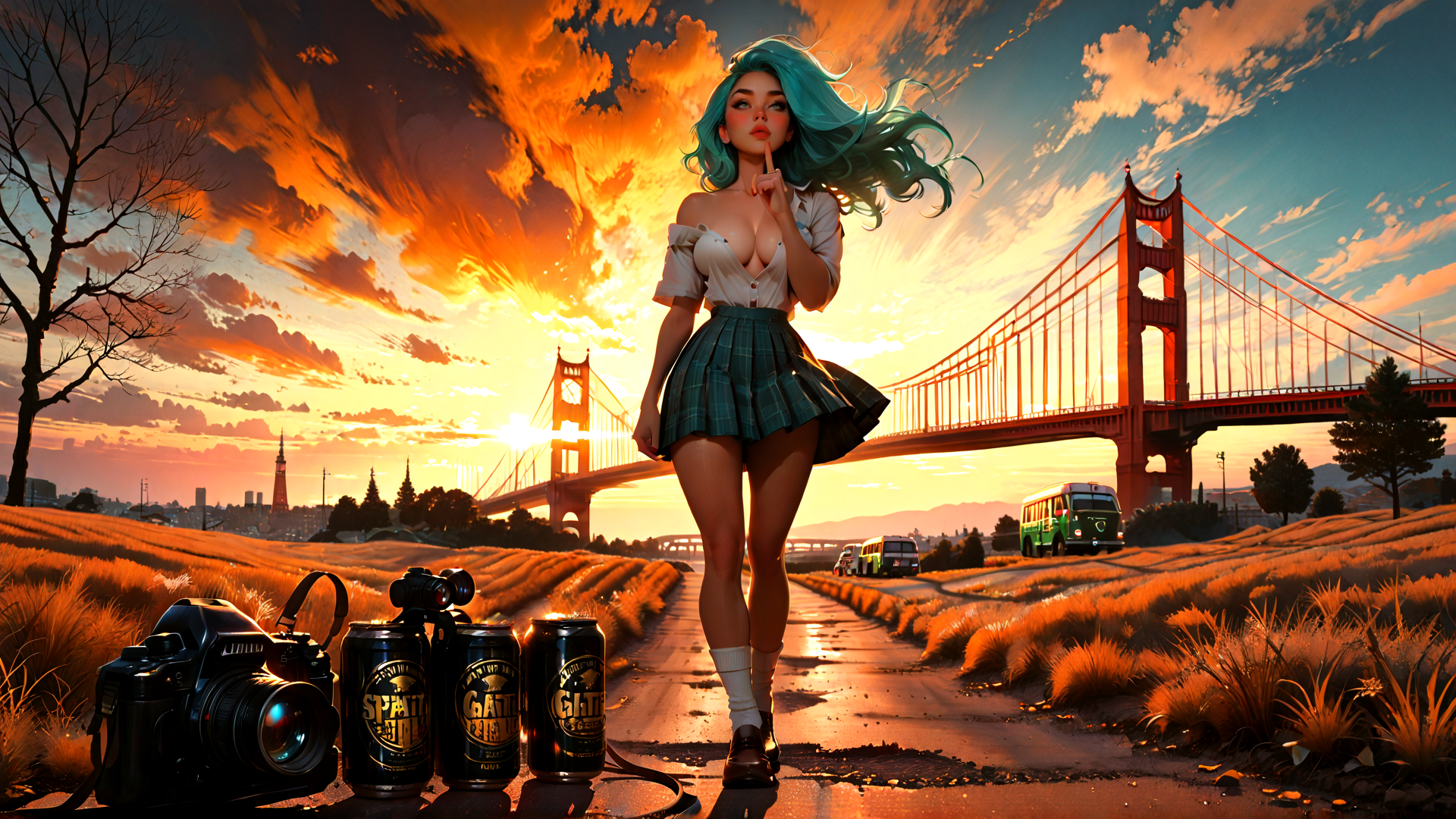 AI generated wallpaper featuring woman, bridge, camera, cans, bus, field, trees, sky, sun, bush