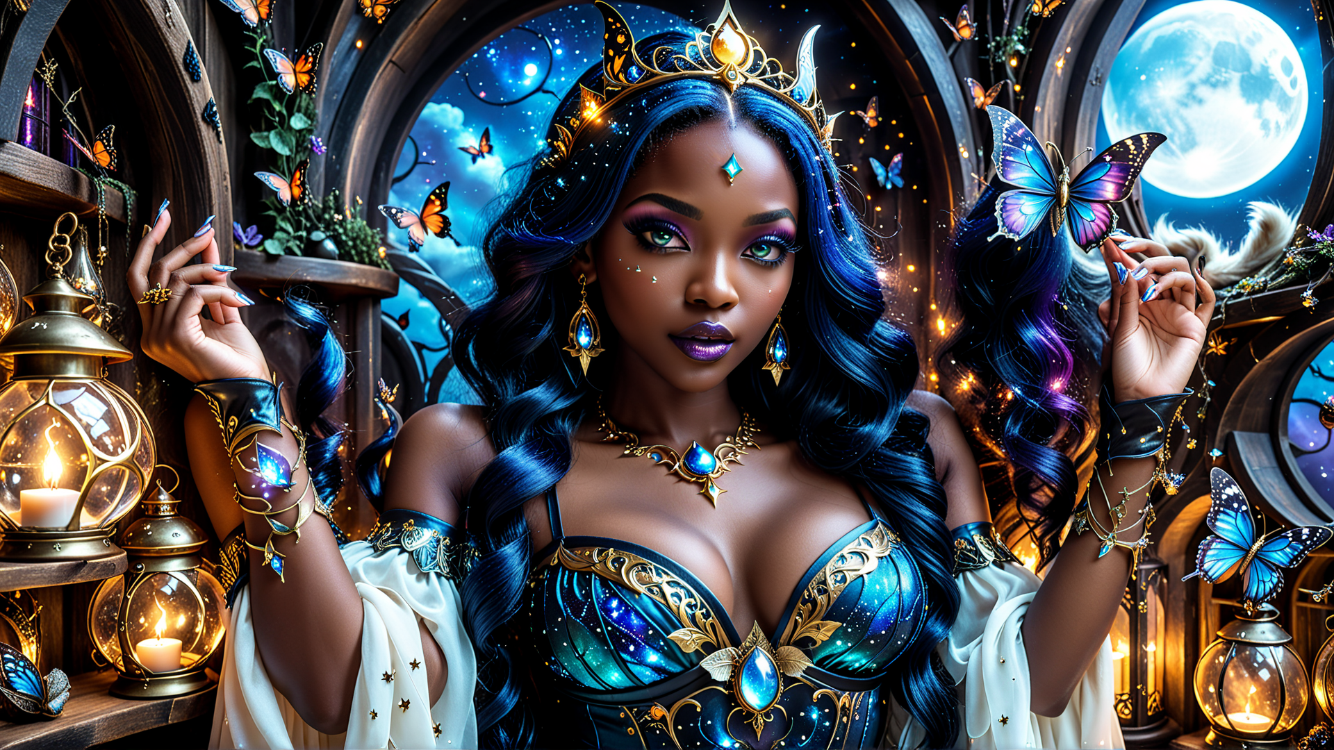 AI generated wallpaper featuring woman, butterfly, lantern, crown, moon, dress, jewelry, hair, garden, stars