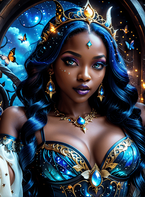 woman, butterfly, lantern, crown, moon, dress, jewelry, hair, garden, stars