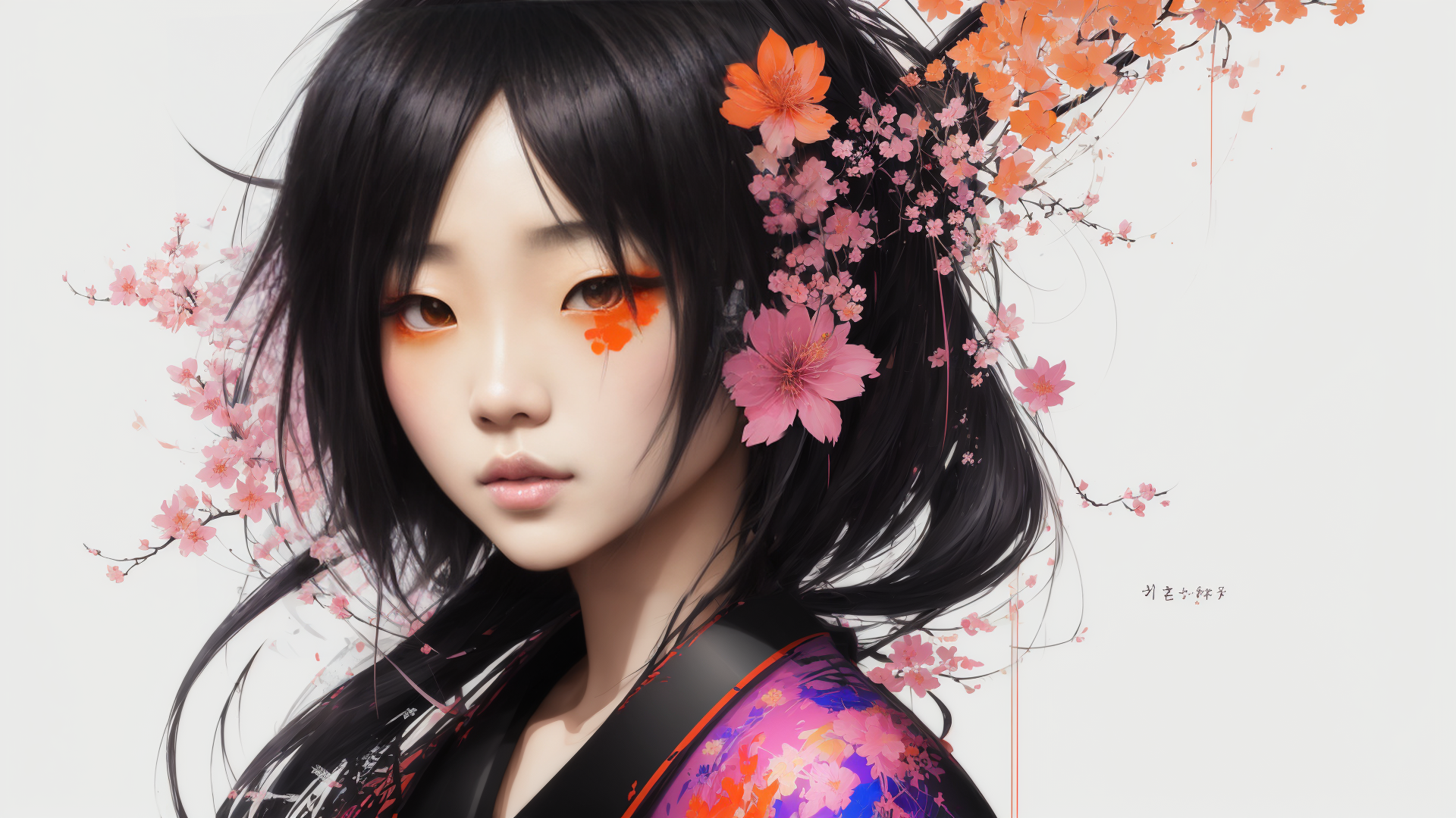 AI generated wallpaper featuring girl, cherry blossoms, kimono
