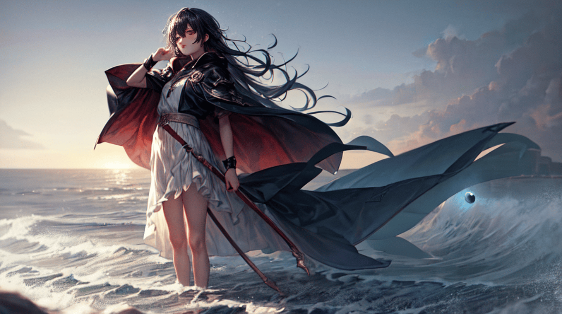 AI generated wallpaper featuring girl, sword, cape