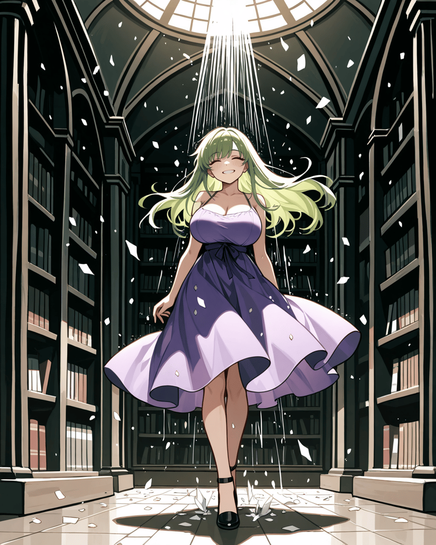AI generated wallpaper featuring woman, bookshelf, paper