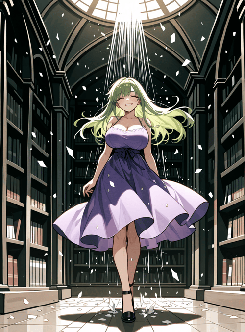 woman, bookshelf, paper
