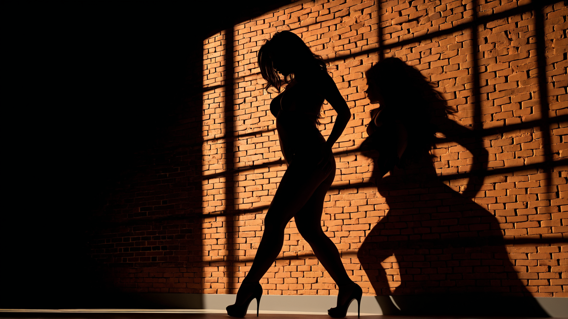 AI generated wallpaper featuring silhouette, woman, high heels, brick wall, shadow