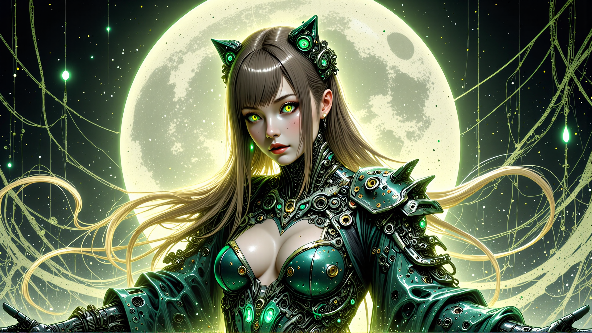 AI generated wallpaper featuring cyborg, woman, armor, cat ears, moon