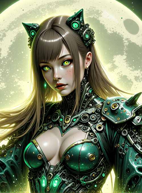 cyborg, woman, armor, cat ears, moon